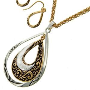 Two-Tone Teardrop & Filigree Pendant Necklace & Earring Set